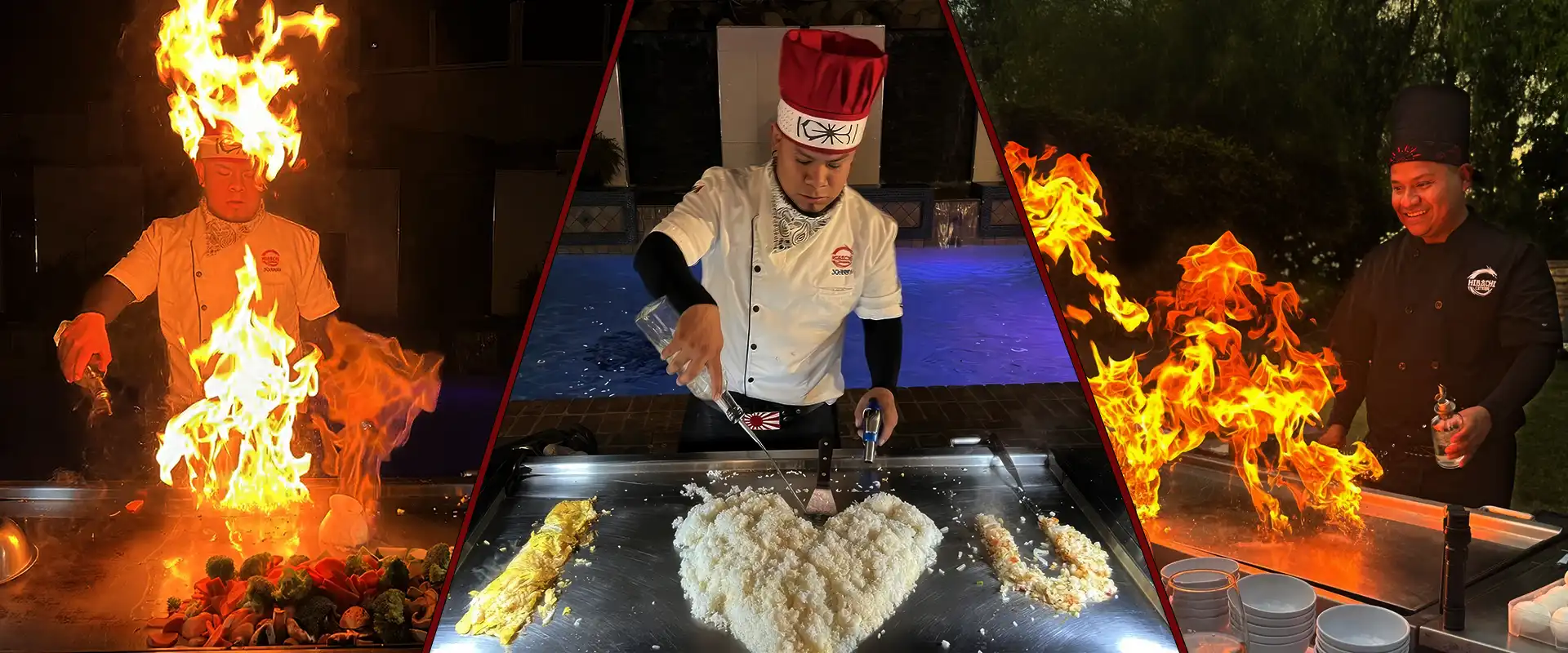 Hibachi Catering chef performing live teppanyaki flames for a private party