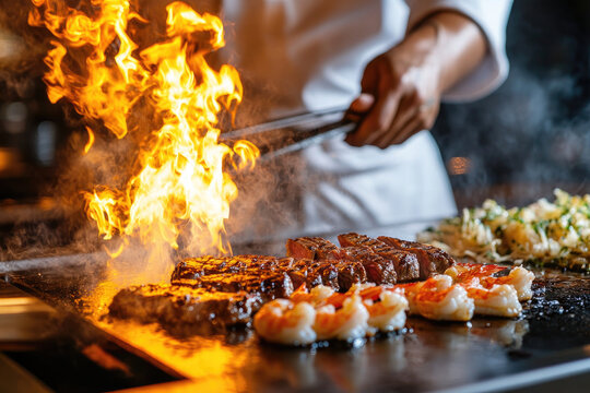 Hibachi catering dishes including steak, seafood, and vegetables arranged on a table